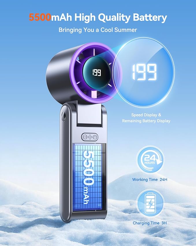 Portable Handheld Turbo Fan, 199 Gear Speed, 24 Hs Cooling Time, 5500mAh Rechargeable Mini Personal Hand Fan, Foldable Design, Travel Essentials, Beach Vacation, Gifts for Women, Men,Grey Purple - Image 3
