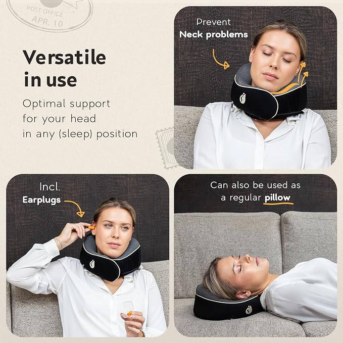 Neck Pillow Airplane - Travel Pillow - Comfortable and Ergonomic Memory Foam - Airplane Pillow with 360° Head & Neck Support - Black - Image 3