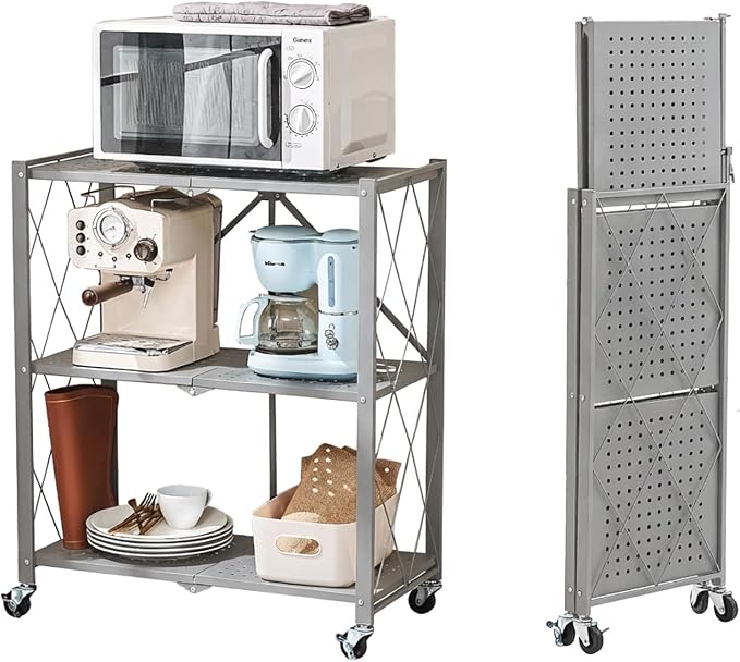 BRIAN & DANY 3-Tier Foldable Storage Shelves with Wheels, No Assembly Folding Shelf Metal Rack, Shelving Unit for Kitchen, Garage, Gray by BRIANDANY