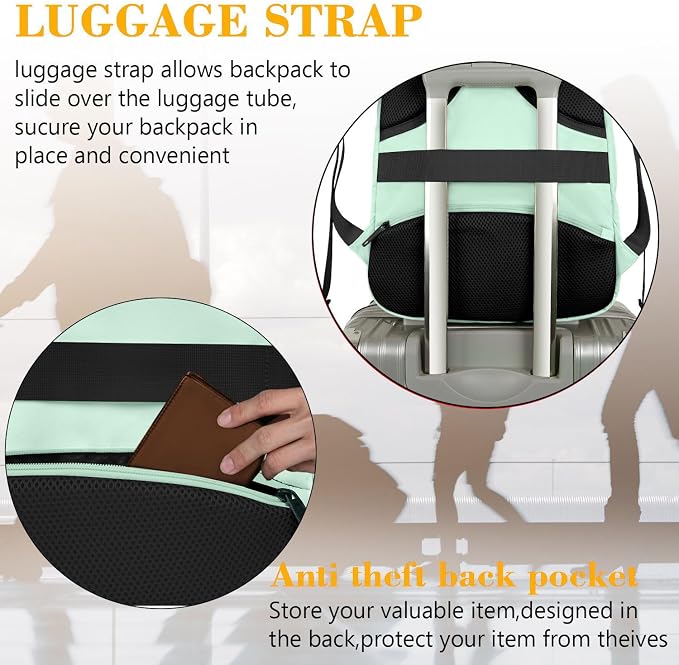 MATEIN Mint Green Travel Laptop Backpack, 15.6 Inch Computer Bag for Women | Slim Lightweight, Water Resistant Durable, Anti Theft, Fashion Casual Business Traveling Daypack for College Office - Image 2