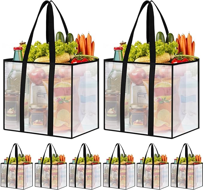 Reusable Grocery Bags, Clear Shopping Bags, 8 Pack, 42L | Heavy-duty, 66-lb capacity, reinforced handles, stands upright, foldable, water-resistant, wipe-clean, visible contents by Unknown