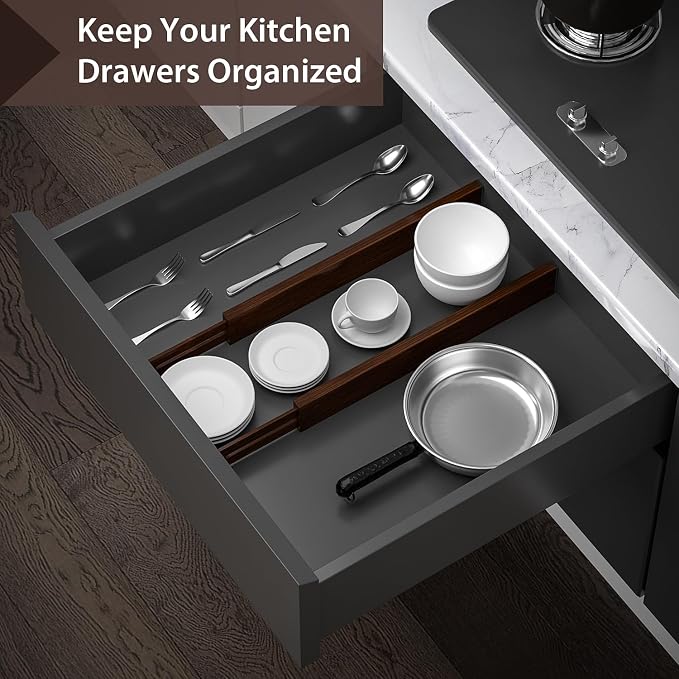 4 PCS Drawer Divider, 17"-22" Adjustable Bamboo Drawer Dividers Organizers, 2.3" High Expandable Separators for Kitchen, Clothes, Dressers, Home, Office, Mocha - Image 4