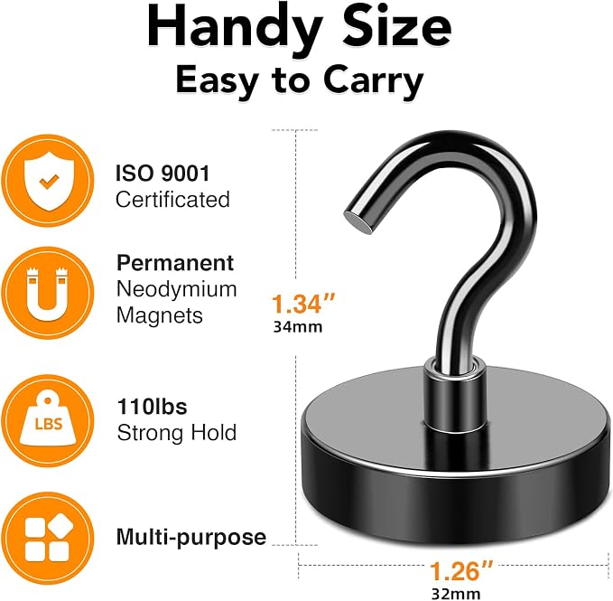 Magnetic Hooks 120Lbs Heavy Duty Magnets with Hook for Cruise Cabin | Strong Magnet Hooks for Hanging Super Metal Magnetic Hanger for Grill Fridge Kitchen Pack of 4 Black - Image 4