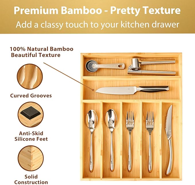 Bamboo Kitchen Drawer Organizer, 13 Inch Silverware Utensil Tray Holder, Extra Deep Grooved Drawer Divider, 7 Slots Total Bamboo Wood Caddy for Flatware Cutlery Knives, Forks, Spoons - Image 2