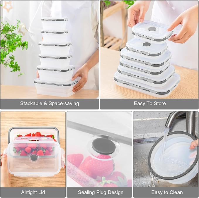 12 Silicone Collapsible Food Storage Containers Foldable Silicone Lunch Container 6 Rectangle and 6 Round Airtight Collapsible Bowl with Lid Set for Kitchen Microwave (Translucence Gray) - Image 3