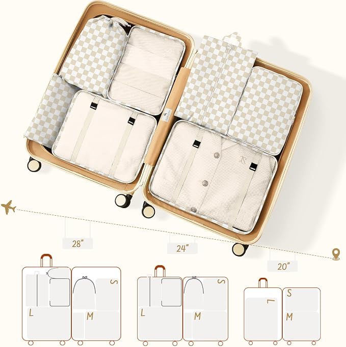 9 Set Packing Cubes for Travel Essentials - Lightweight Carry-On Luggage Organizer Bags with Shoe, Clothes & Laundry Bags for Airplane, Family & Business Travel, Beige checkered - Image 3