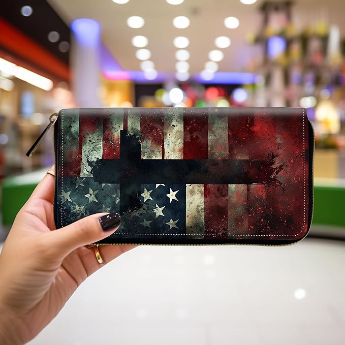 Wallet,Leather Long Wallet Suitable For Ladies And Teenagers - Detachable Wristband + RFID Travel Wallet With Card Slot - American Flag Cross - Image 4