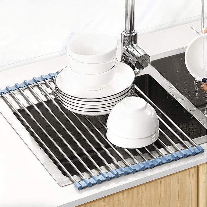 Over The Sink Dish Drying Rack, Roll Up Dish Drying Rack Kitchen Dish Rack Stainless Steel Sink Drying Rack, Foldable Dish Drainer, 17.5''x11.8'' - Image 2