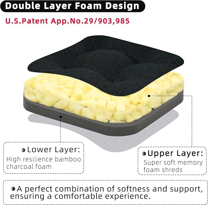 GOFORIT Chair Cushions Set of 2,Tufted Shredded Memory Foam Chair Pads, Non-Slip Seat Cushions with Removable Cover, 16'' x 16'', 2Pack,Black - Image 2