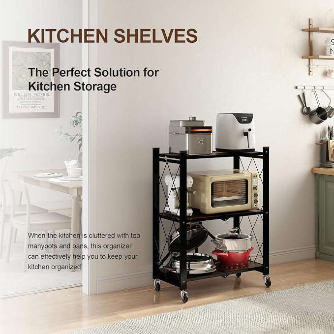 3 Tier Folding Shelf with Wheels, Wood and Metal Bookshelf | No Assembly Foldable Storage Shelves, Vintage Storage Rack for Living Room, Bedroom, and Home Office - Image 3