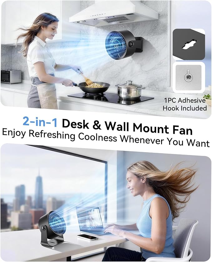 DIGIX Portable Desk Fan, 100 Speeds, 360° Rotation, USB Rechargeable | Quiet LED Display Table Fan with Wall Mount Design. Small Personal Cooling Fans for Home, Bedroom, Office & Travel, Black - Image 2