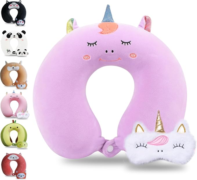 Sexysamba Cartoon Headrest & Neck Pillow for Kids Boys & Girls, Teens, Travel Accessories for Airplane, Car, Recline, Memory Foam Cute Travel Pillow with Sleep Eye Mask - Purple Unicorn by Sexysamba