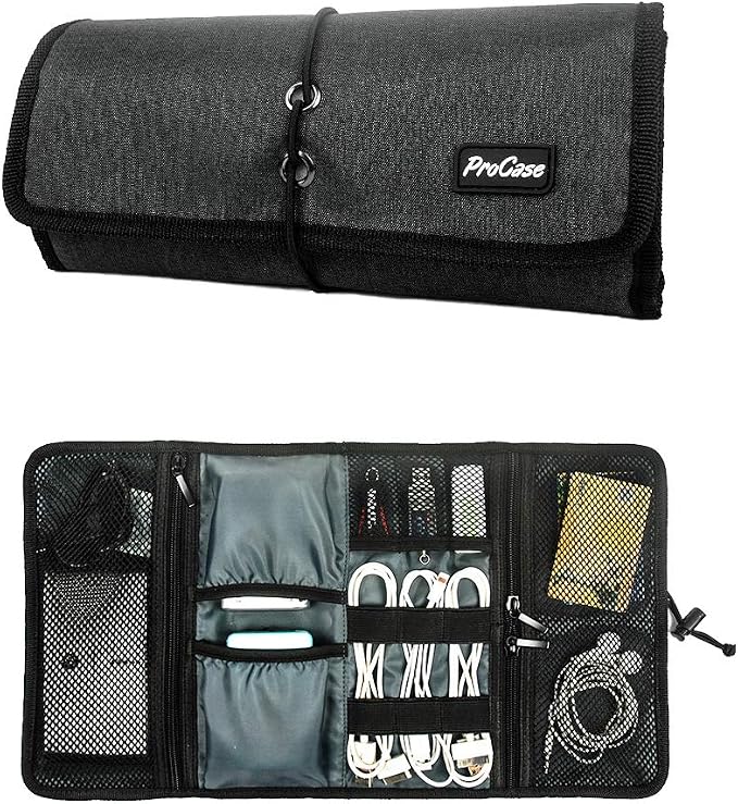 ProCase Electronic Organizer Cord Pouch, Travel Cable Charger Phone Accessories Bag Organizer Roll up Tech Carrying Case for USB Cables SD Memory Cards Earphone Flash Hard Drive –Black by ProCase