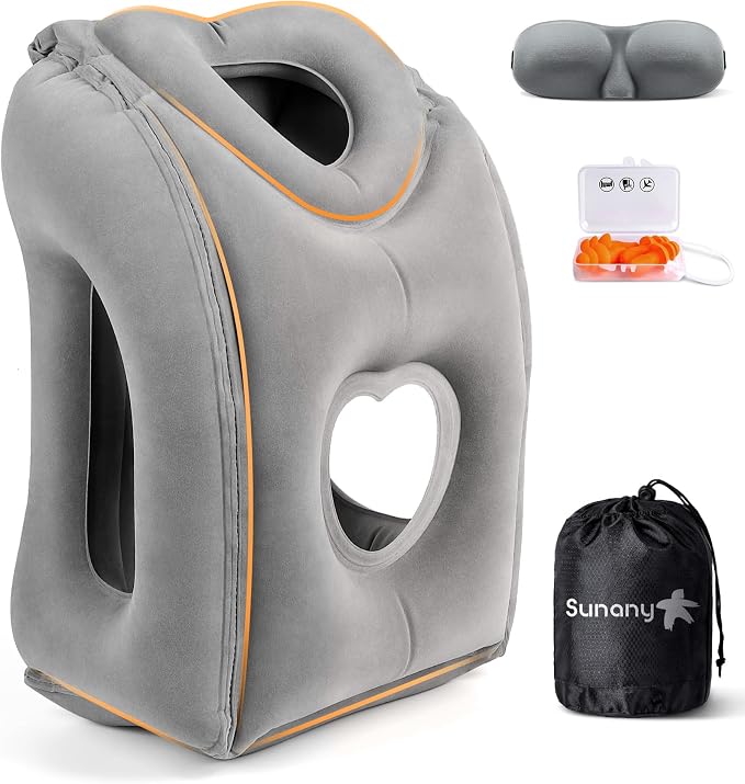 Sunany Travel Pillow, Upgraded Plane Pillow for Long Flights, Inflatable Neck Pillow Used for Airplanes,Cars,Buses,Trains,Office Napping with Eye Mask,Earplugs (Gray) by Sunany