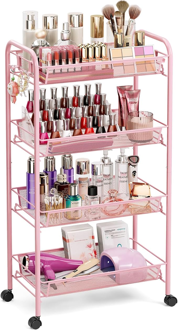 TOOLF 4 Tier Rolling Cart, Metal Utility Storage Cart with Wheels, Pink | 3 Hooks, Screwless Assembly, Trolley Organizer for Bathroom, Kitchen, Office, Nursery, Dorm, Laundry Room by TOOLF