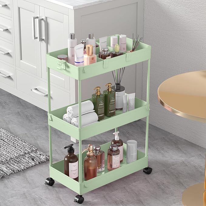 3 Tier Rolling Cart with Wheels, Storage Craft Art Trolley Organizer Serving, 3 Hanging Baskets Easy Assembly, for Office, Living Room, Kitchen, Green by Home