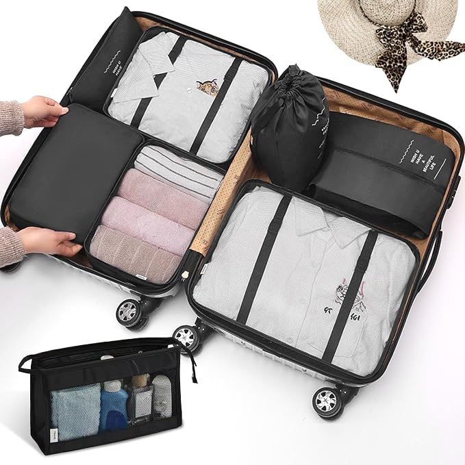 8 Set Packing Cubes for Suitcases, INVODA Travel Luggage Packing Organizers with Laundry Bag, Compression Storage Shoe Bag, Clothing Underwear Bag (Black) - Image 7