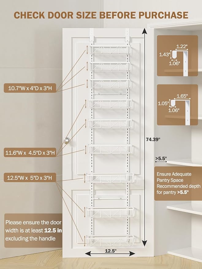 Delamu Narrow 9-Tier Over the Door Pantry Organizer, Adjustable Pantry Storage, Metal Hanging Spice Rack, Cabinet Door Organizer for Kitchen, Bathroom, Laundry Room, 12.5" White - Image 2