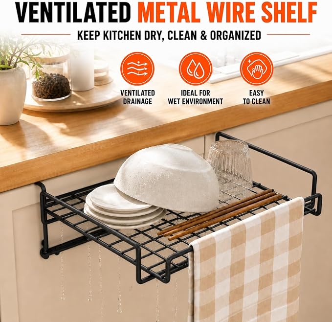 Kitchen Counter Extender, 1-Sec Foldable Over Cabinet Door & Drawer Organizer Shelf, No Drill Hanging Storage Rack Space Saver with Towel Bar for RV & Renters (Carbon Steel Black) - Image 6