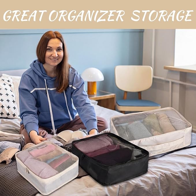 Silkfly 12 Pcs Packing Cubes for Suitcase Travel Luggage Bags Bulk Mesh Organizer Set for Hiking Camping, XL, L, M Size(Beige, Black) - Image 6