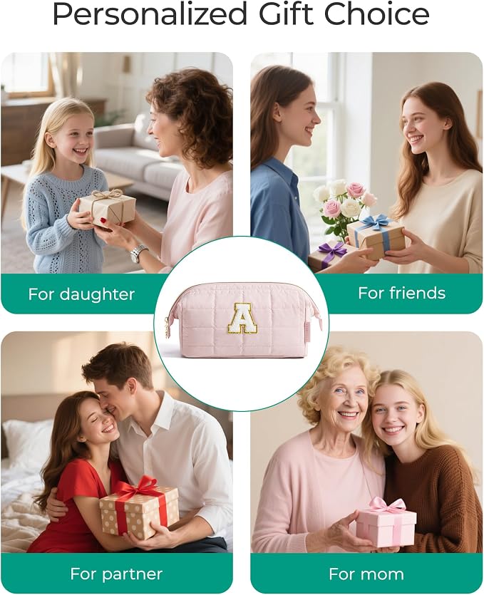 BAGSMART Birthday Gifts Personalized Initial Makeup Bag, Trendy Stuff Gifts for Women Bridesmaid Graduation, Puffy Padded Make Up Bags for Women, Wide-open Toiletry Bag, Pink A - Image 2