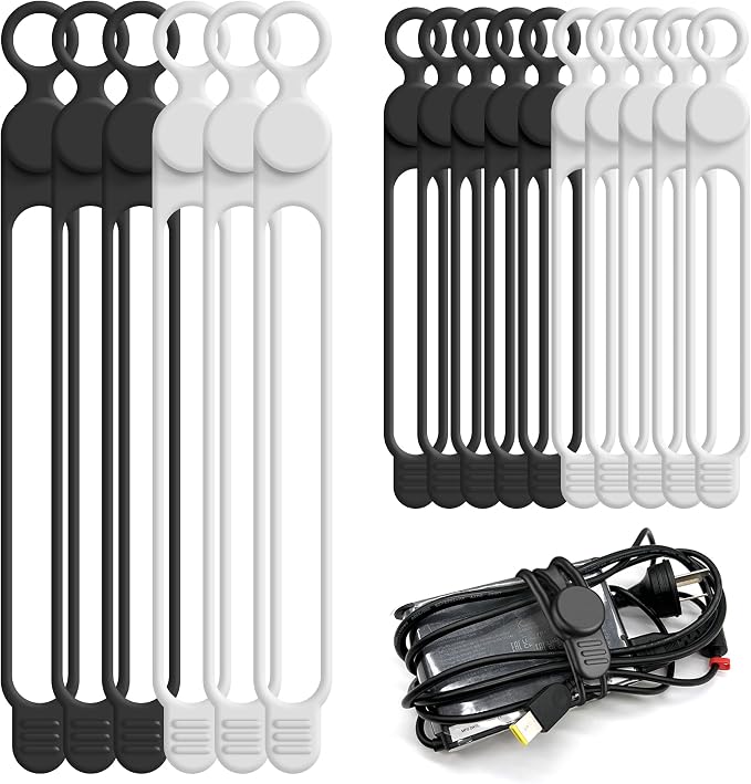 16Pcs Silicone Cable Ties, Cord Organizer Cable Management-2Sizes | Reusable Cord Ties for Electronics, Office Desk Accessories, Home Travel Essentials, Easy to Use, 4.2" and 7.1"-2 Colors by ELECTRONICSORGANIZATION