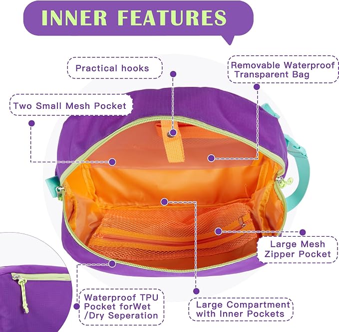 Waterproof Makeup Bag For Women Girls Men,Two-Tone Colorblock Travel Toiletry Bag With Wet Pocket & Removable Transparent Bag, 8L Large Capacity Lightweight Vacation Essentials (Purple+Orange) - Image 5