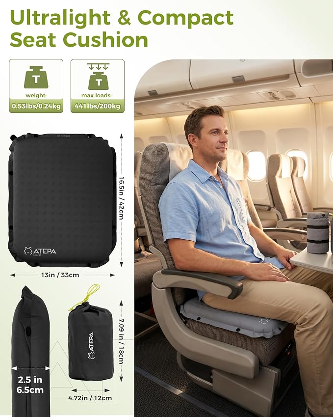 ATEPA Inflatable Seat Cushion | 2" & 2.5" Foam Core Seat Pad, Self Inflating, Compact, Stadium, Airplane, Travel, Camping, Hiking, Sports events - Image 2