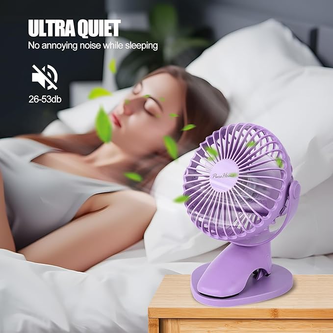 Portable Clip Fan Battery Operated,3 Speeds USB Rechargeable Mini Table Fan with Strong Airflow,360°Rotation Ultra Quiet Personal Desk Fan for Home Office Bedroom Dorm Stroller Camping(Purple) - Image 5