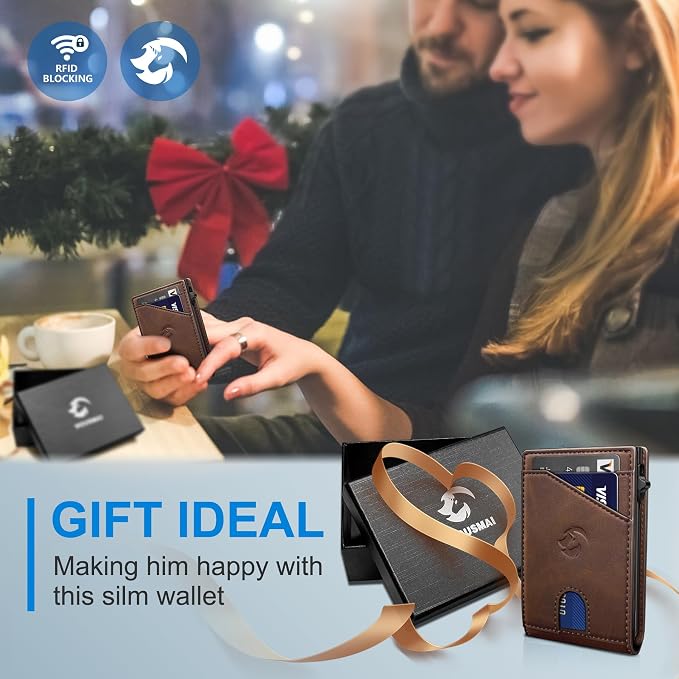 Wallet for Men, Slim Pop Up Card Holder with RFID Blocking, Minimalist Bifold Wallet with 9 Card Slots, ID Window and Cash Pocket, Metal Flip Case with Magnetic Closure, Gift Box - Image 9