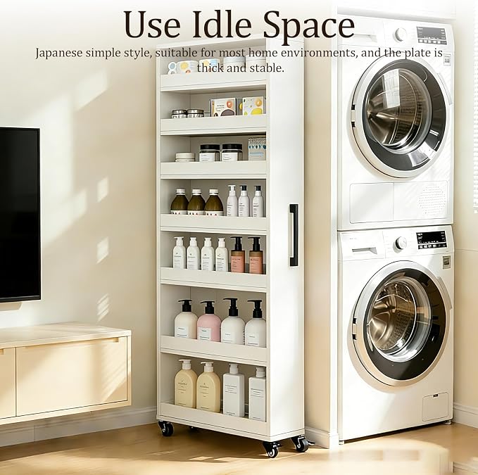 Rolling Spice Rack Next To Side Of Fridge Storage Slim Narrow Shelf Lightweight 7 Tier Wooden Storage Cart For Kitchen , Dining Room, Bathroom, Small Spaces (White, 72.4"H x 9.8"W x 21.6"D) - Image 4