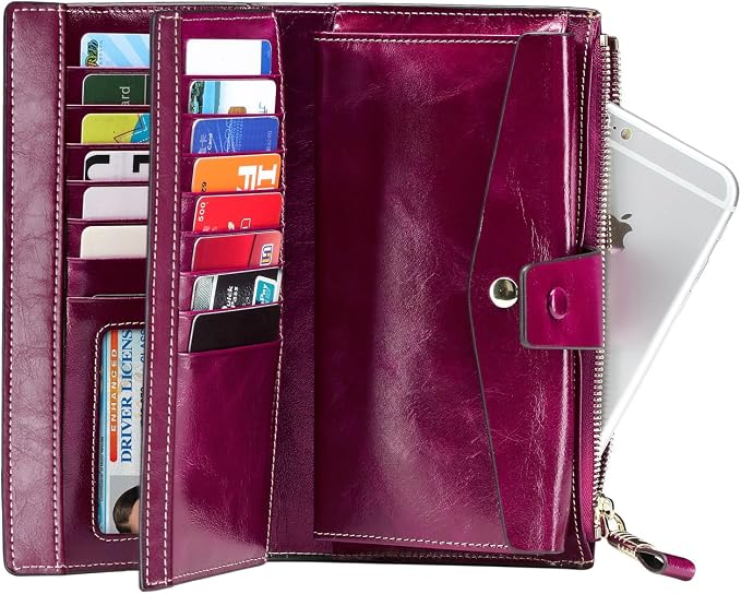 Itslife Womens Wallet RFID Blocking Large Capacity Luxury Wax Genuine Leather Wallets Clutch Wallet Ladies Card holder, Fuchsia - Image 6