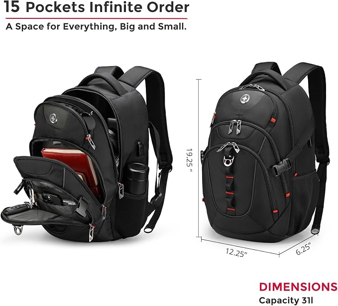 Swissdigital Design Laptop Backpack with USB Charging Port, Travel Backpack Fits 15.6 inches Computer, 31L College School Backpack for Men, Black | SD803-01 - Image 3