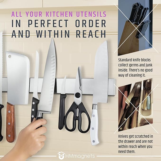 24 Inch Heavy-Duty Magnetic Knife Holder for Wall (Large Size) - Premium Stainless Steel Magnetic Knife Strip - Professional Space-Saving Knife Bar With Powerful Magnetic Pull Force (Upgraded Version) - Image 5