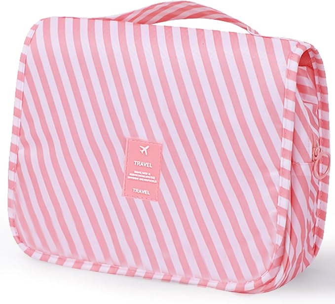Travel Toiletry Bag for Women, Hanging Toiletry Bag with Multi-Pockets, Toiletry Bag for Traveling Easy Clean, Travel Organizer Bag Pink-strip by Yeegras