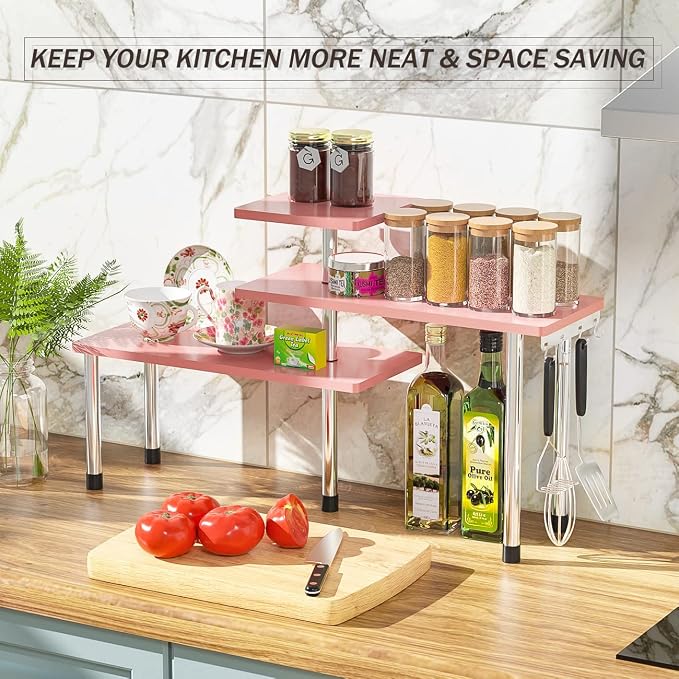 ZHWS Bathroom Counter Organizer Corner Shelf – Bathroom Organization Bamboo 3 Tier Spice Rack Makeup Organizer Bookshelf Space Saving Rack Kitchen Office Living Room (Pink) - Image 5