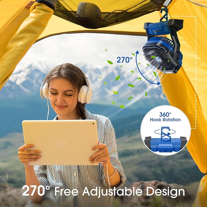 Portable Fan Rechargeable 20000mAh Cordless Battery Powered Camping Fan | with LED Lantern, Small Table Fan, USB Battery Operated Fans for Travel Bedroom Home Camping Tent Office Beach Desk Blue - Image 6
