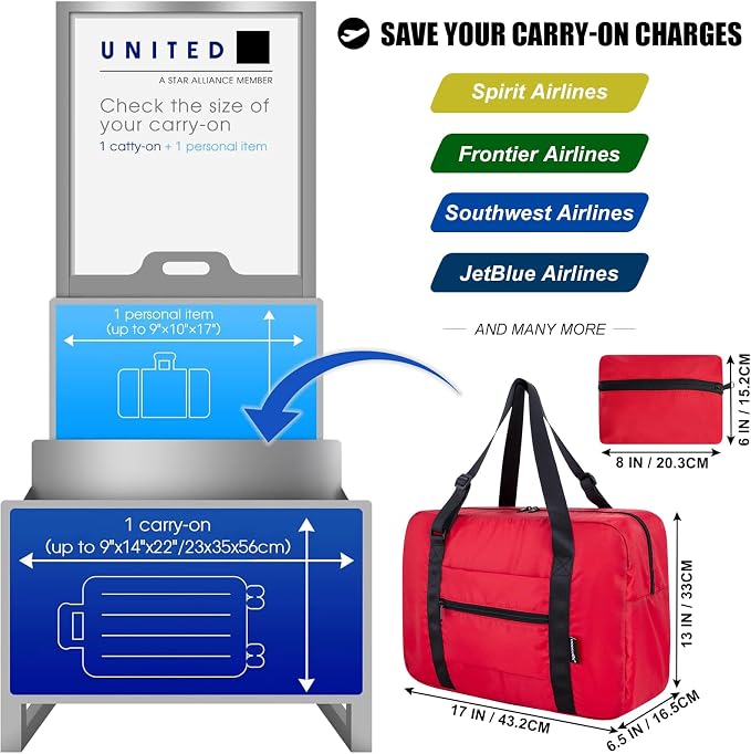 Duffle Bag for Travel Foldable Personal Item Travel Bag, 23L, Red | Carry On Duffel Bag Women Men Frontier Airlines Personal Item Bag Hospital Weekend Overnight Trips - Image 3