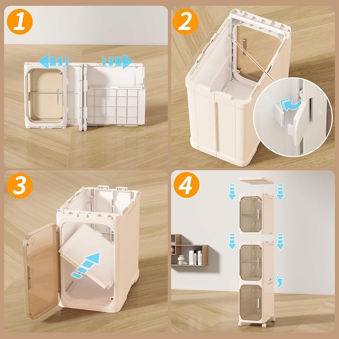 5 Tier Slim Bathroom Storage Cabinet, Foldable and Movable, Beige | Tools Free, ABS and PET, Magnetic Clear Door, Adjustable Shelves, Lockable Wheels, Water Resistant, For Narrow Space - Image 5