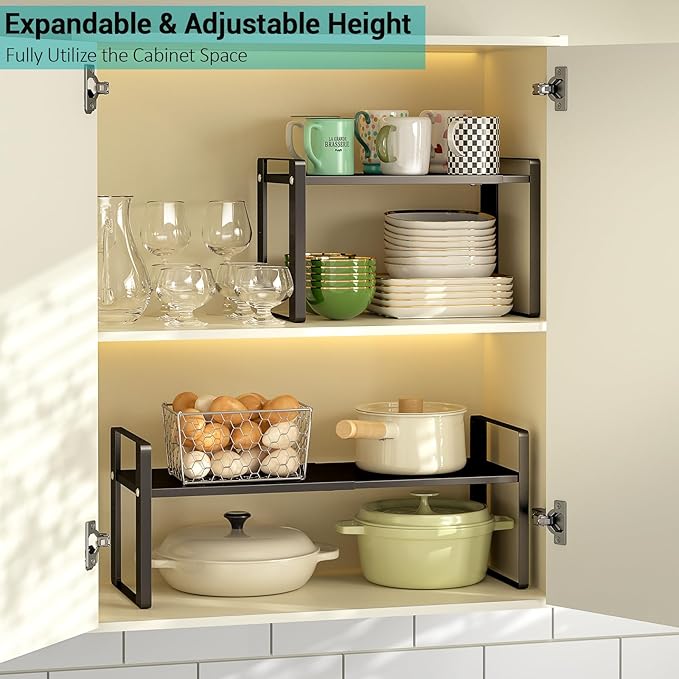 2 Pack Expandable Cabinet Organizer Shelves, 88lbs High Weight Capacity, Stackable Heavy-Duty Metal Storage Rack, Adjustable Cabinet Shelf for Kitchen, Pantry, Cupboard, Under Sink, Black - Image 2