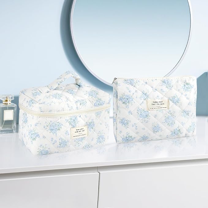 URSKYTOUS 2Pcs Cotton Quilted Makeup Bag for Women Girls Large Small Travel Floral Cosmetic Bags Set Cute Coquette Zipper Makeup Pouch for Purse Aesthetic Cloth Flower Storage Toiletry Bag Organizer - Image 7