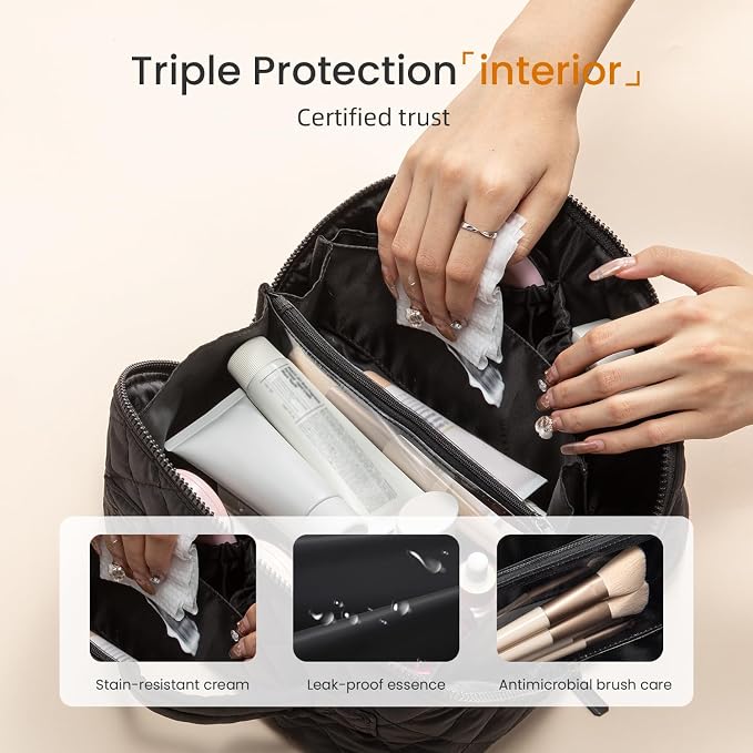 LOVEVOOK Travel Makeup Bag for Women, 2Pcs Puffer Waterproof Cosmetic Organizer, Large Capacity Pouch Open Flat Small Toiletry Bag with Brush Compartment & Handle (Black, Large) - Image 3