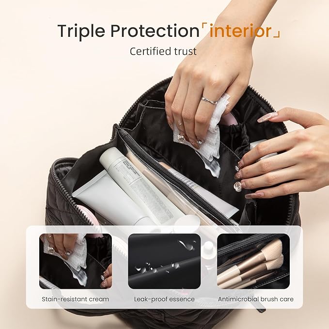 LOVEVOOK Travel Makeup Bag for Women, 2Pcs Puffer Waterproof Cosmetic Organizer, Large Capacity Pouch Open Flat Small Toiletry Bag with Brush Compartment & Handle (Black, Medium) - Image 4