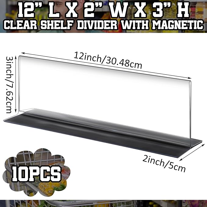 10 Pcs Clear Shelf Divider with Magnetic 12" L X 2" W X 3" HPlastic Shelf Separator Closet Divider, Clapboard Baffle for Storage Bedroom Bathroom Kitchen Office Supermarket Organization - Image 2
