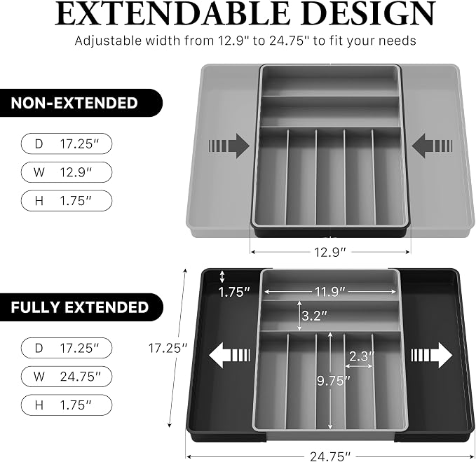 Simple Houseware Expandable Kitchen Drawer Flatware Organizer, Black/Gray | Expandable & Adjustable Cutlery Drawer Organizer - Large Utensil and Flatware Tray for Kitchen Drawers - Image 2