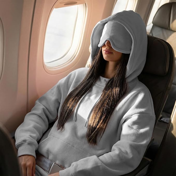 Ainangua Womens Oversized Pullover Essentials Hoodie with Eye Mask Comfor Airplane Mode Travel Office Vacation Sweatshirt (Gray,L) - Image 2