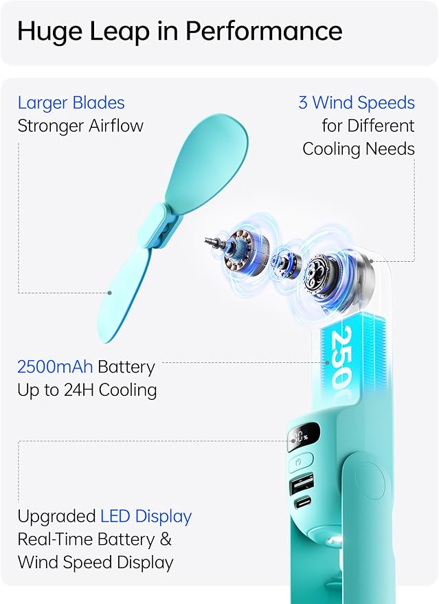 JISULIFE Portable Handheld Fan, 3 In 1-Fan, Power Bank, Flashlight, Cyan | Mini Cooling Essential for Outdoor, Small, On-the-Go Pocket Hand Design, 24 Hours, Auto Shut-Off Safety Soft Blade - Image 2