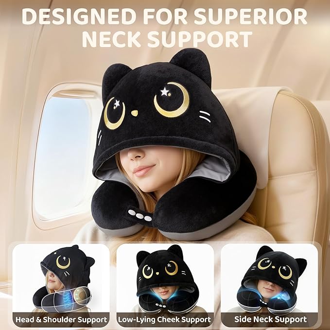 Mewaii Travel Neck Pillow, Airplane Pillow with Hood, Memory Foam, Gray | Neck Support, Reversible, Adjustable Strap, Washable Cover, Cat-Ear Hood, Storage Bag, for Flights, Adults & Teens - Image 2