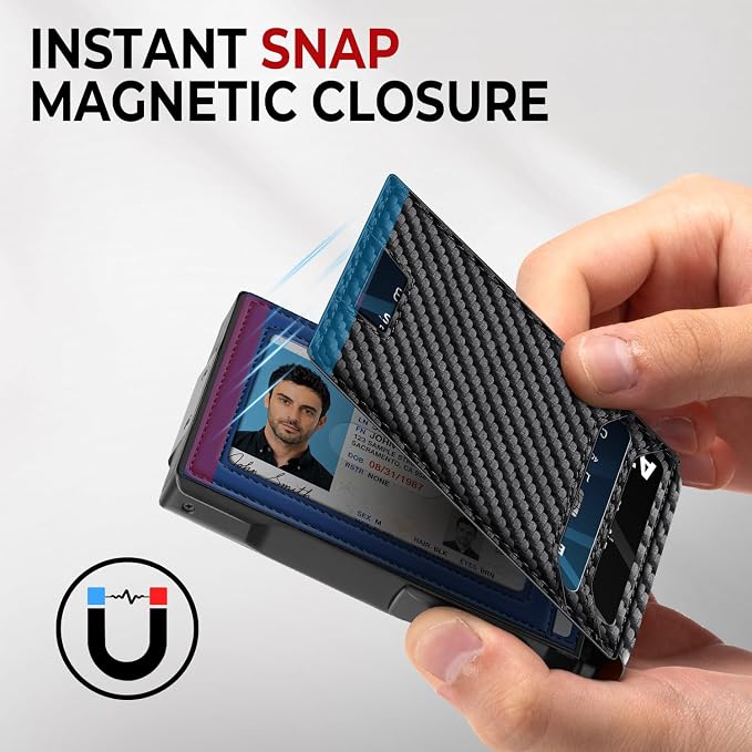 RUNBOX Wallet for Men, Mens Minimalist Wallet Holds 14 Cards, Compact Pop Up Wallet with Dual ID Windows & Money Clip, RFID Blocking Flip Up Card Holder, Metal Aluminum Credit Card Case Bifold Wallet - Image 6