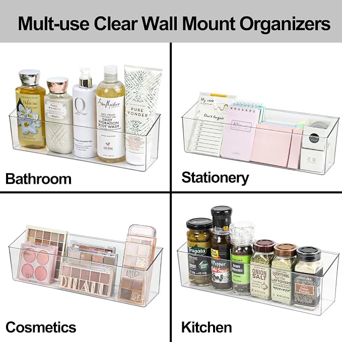 ZEXALOR Wall Mounted Organizer Bins, Wall Mount Spice Rack, Adhesive Hanging Bin Fridge Organizer for Bathroom,Kitchen,Cabinet,Pantry,Countertops (12.2×3.9×3.1") - Image 2